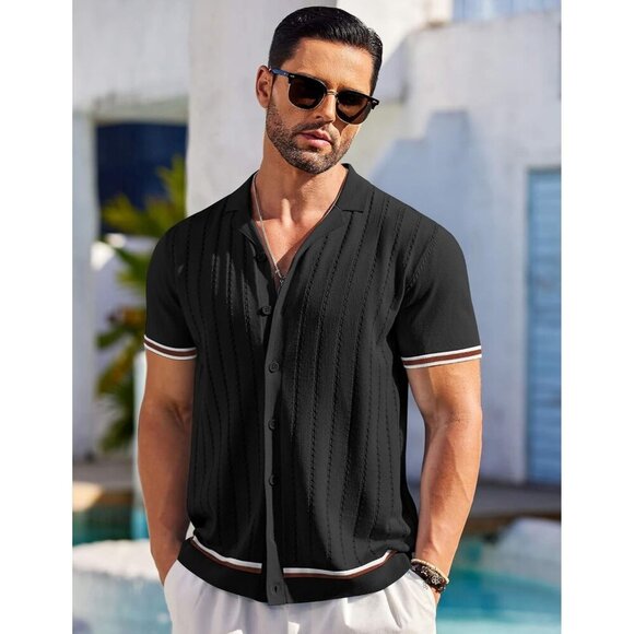 Men's Black Short Sleeve Knit Shirt Casual Button Down Shirt Vintage Striped - Picture 3 of 6